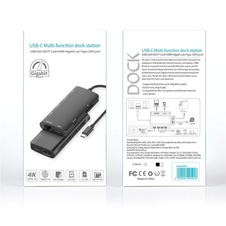 9591C 8 In 1 USB 3.0 x3 + SD / TF Card + HDMI + RJ45 + Type-C / USB-C (PD) Multi-function HUB Converter Dock Station(Silver) - USB HUB by PMC Jewellery | Online Shopping South Africa | PMC Jewellery | Buy Now Pay Later Mobicred