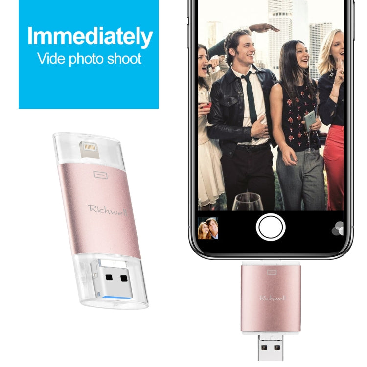 Richwell 3 in 1 128G Type-C + 8 Pin + USB 3.0 Metal Double Cover Push-pull Flash Disk with OTG Function(Gold) - free shipping - PMC Jewellery - Order now!