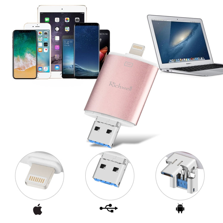Richwell 3 in 1 128G Type-C + 8 Pin + USB 3.0 Metal Double Cover Push-pull Flash Disk with OTG Function(Gold) - free shipping - PMC Jewellery - Order now!