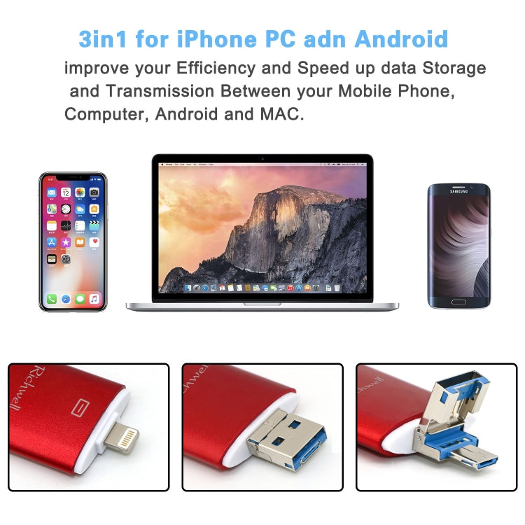 Richwell 3 in 1 64G Type-C + 8 Pin + USB 3.0 Metal Double Cover Push-pull Flash Disk with OTG Function(Silver) - free shipping - PMC Jewellery - Order now!