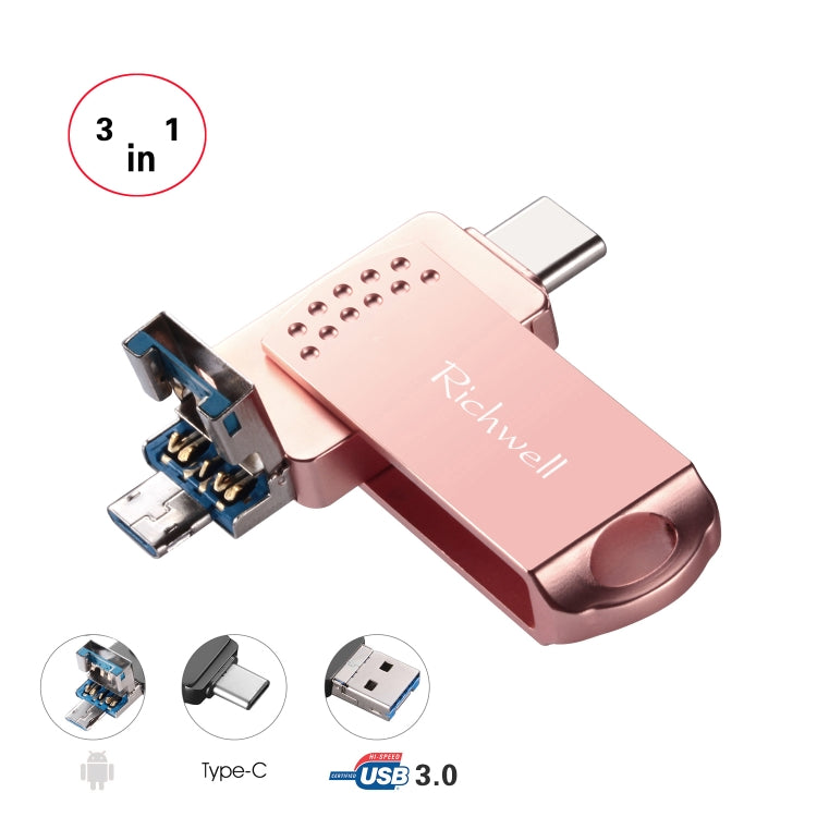 Richwell 3 in 1 16G Type-C + Micro USB + USB 3.0 Metal Flash Disk with OTG Function(Rose Gold) - U Disk & Card Reader by Richwell | Online Shopping South Africa | PMC Jewellery | Buy Now Pay Later Mobicred