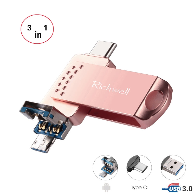 Richwell 3 in 1 64G Type-C + Micro USB + USB 3.0 Metal Flash Disk with OTG Function(Rose Gold) - U Disk & Card Reader by Richwell | Online Shopping South Africa | PMC Jewellery | Buy Now Pay Later Mobicred