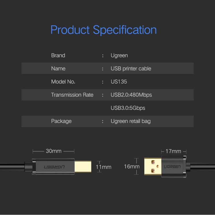 UGREEN USB 3.0 Type A Male to Type B Male Gold-plated Printer Cable Data Cable, For Canon, Epson, HP, Cable Length: 1m - USB 3.0 by UGREEN | Online Shopping South Africa | PMC TechLife | Buy Now Pay Later Mobicred