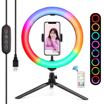 PULUZ 10.2 inch 26cm Marquee LED RGBWW Selfie Beauty Light + Desktop Tripod Mount 168 LED Dual-color Temperature Dimmable Ring Vlogging Photography Video Lights with Cold Shoe Tripod Ball Head & Remote Control & Phone Clamp(Black) - Ring Light by PULUZ | Online Shopping South Africa | PMC Jewellery | Buy Now Pay Later Mobicred