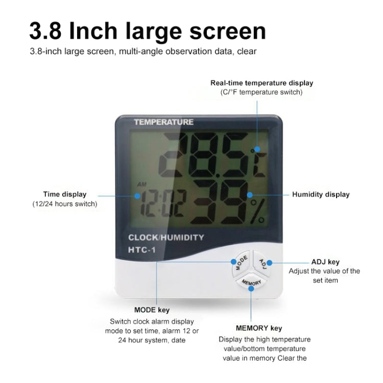 3.8 inch LCD Digital Temperature & Humidity Meter with Clock / Calendar (HTC-1)(White) - Indoor Thermometer by PMC TechLife | Online Shopping South Africa | PMC TechLife | Buy Now Pay Later Mobicred