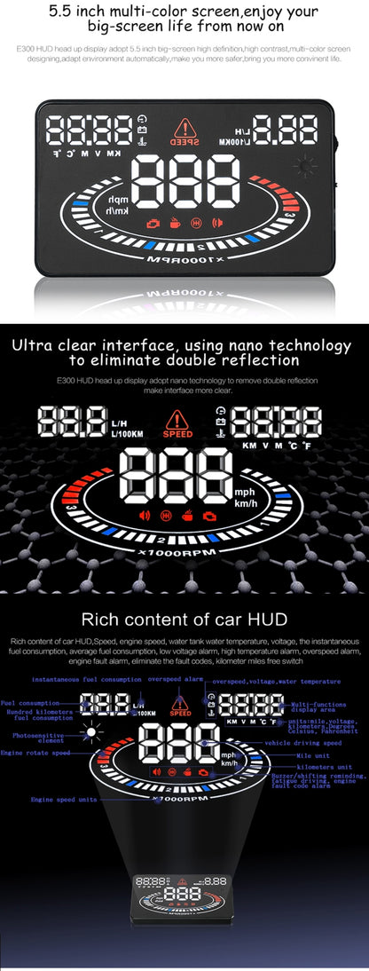 E300 5.5 inch Car OBDII / EUOBD HUD Vehicle-mounted Head Up Display Security System, Support Speed & Fuel Consumption, Overspeed Alarm,  Fuel Consumption, Water Temperature, etc.(Black) - Head Up Display System by PMC Jewellery | Online Shopping South Africa | PMC Jewellery | Buy Now Pay Later Mobicred