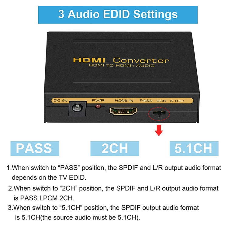 HDMI to HDMI + Audio (SPDIF + R/L) Converter (EU Plug)(Black) - Converter by PMC Jewellery | Online Shopping South Africa | PMC Jewellery | Buy Now Pay Later Mobicred
