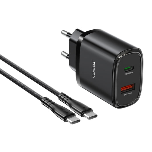 Yesido YC50 USB-C / Type-C + USB Travel Charger with 1m USB-C / Type-C to USB-C / Type-C Cable, EU Plug (Black) - USB Charger by Yesido | Online Shopping South Africa | PMC Jewellery | Buy Now Pay Later Mobicred