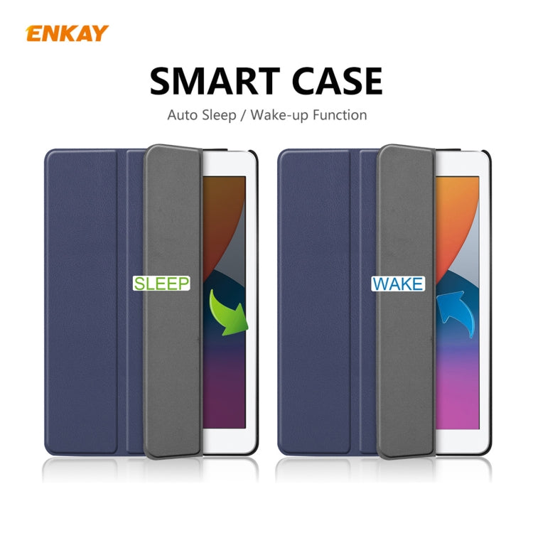 For iPad 10.2 2021 / 2020 / 2019 ENKAY ENK-8014 PU Leather + Plastic Smart Case with Three-folding Holder(Dark Blue) - free shipping - PMc TechLife - Order now!