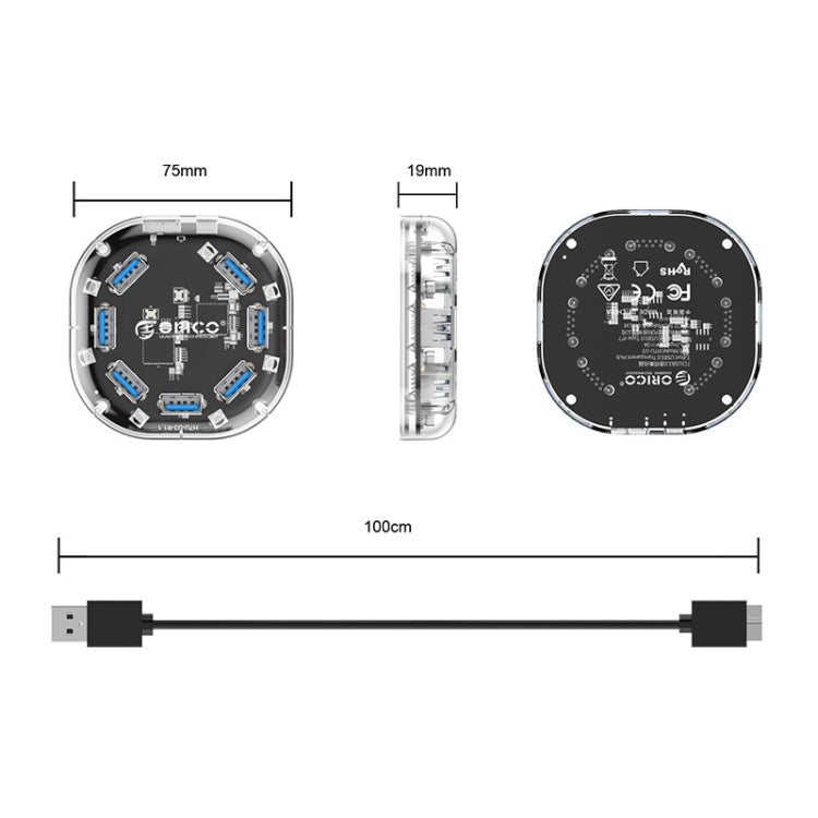 ORICO H7U-U3 7 Port USB3.0 Transparent HUB - USB 3.0 HUB by ORICO | Online Shopping South Africa | PMC Jewellery | Buy Now Pay Later Mobicred