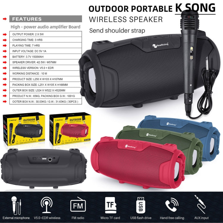 NewRixing NR3026M TWS Outdoor Portable K-song Bluetooth Speaker with Shoulder Strap & Microphone, Support TF Card / FM(Red) - Desktop Speaker by NewRixing | Online Shopping South Africa | PMC Jewellery | Buy Now Pay Later Mobicred