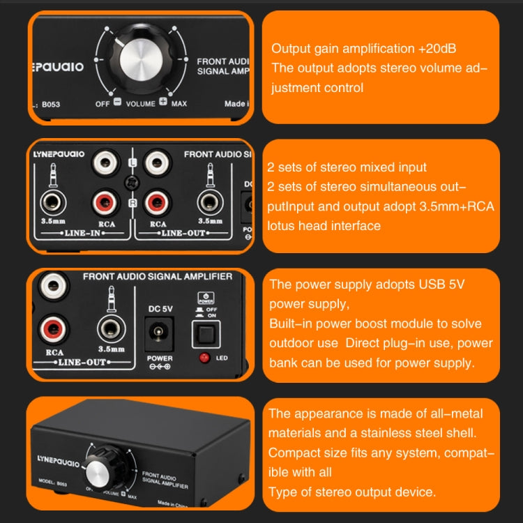 B053 Front Stereo Sound Amplifier Headphone Speaker Amplifier Booster with Volume Adjustment, 2-Way Mixer, USB 5V Power Supply, US Plug -  by PMC Jewellery | Online Shopping South Africa | PMC Jewellery | Buy Now Pay Later Mobicred