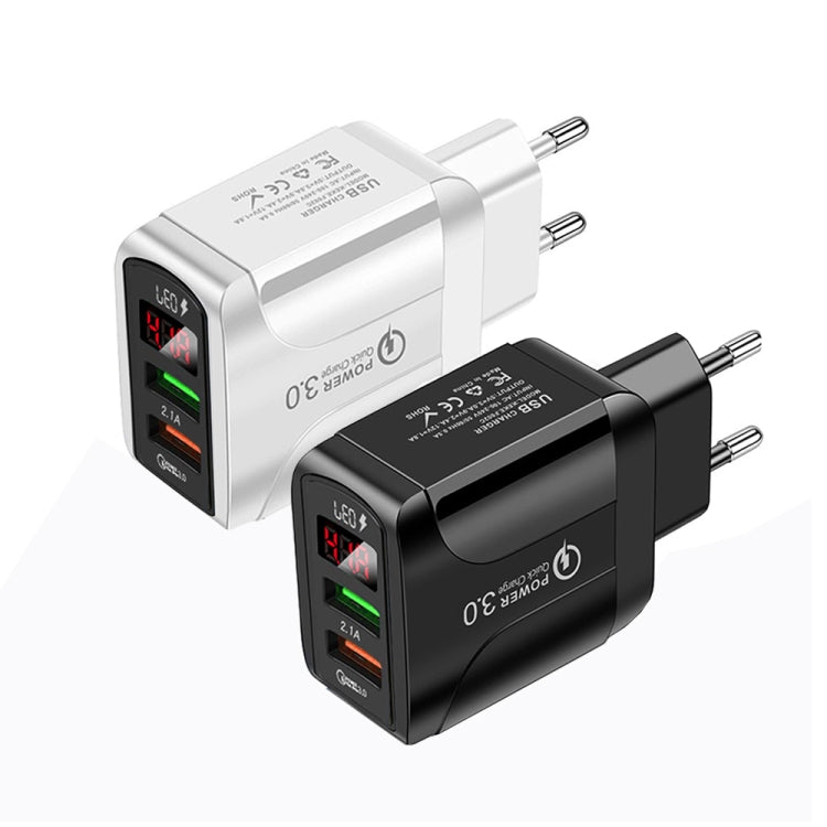 F002C QC3.0 USB + USB 2.0 Fast Charger with LED Digital Display for Mobile Phones and Tablets, EU Plug(Black) - free shipping - PMC TechLife - Order now!