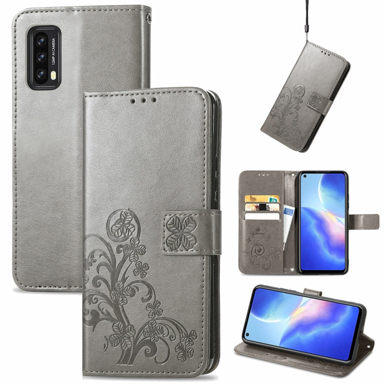 For Blackview A90 Four-leaf Clasp Embossed Buckle Mobile Phone Protection Leather Case with Lanyard & Card Slot & Wallet & Bracket Function(Gray) -  by PMC Jewellery | Online Shopping South Africa | PMC Jewellery | Buy Now Pay Later Mobicred