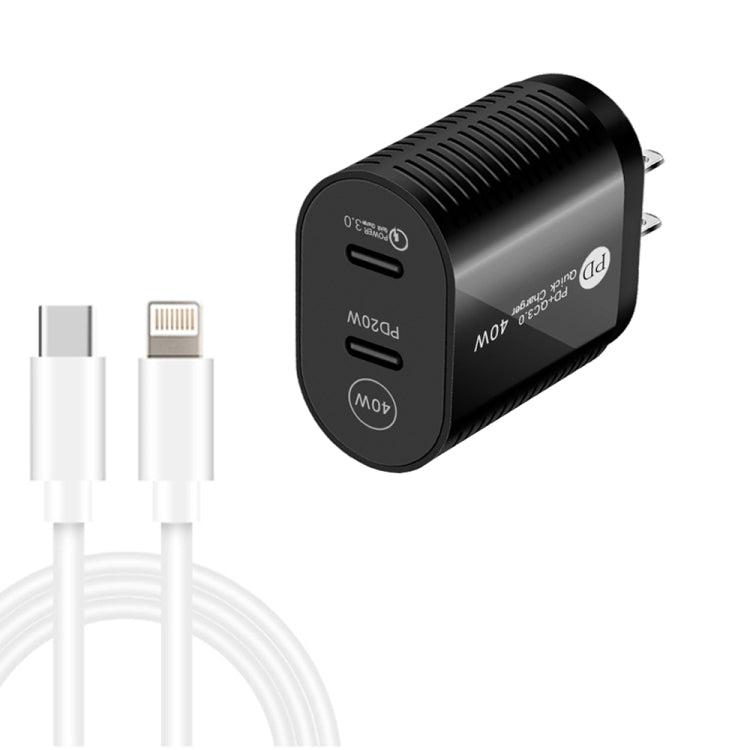 40W Dual Port PD / Type-C Fast Charger with Type-C to 8 Pin Data Cable, US Plug(Black) - USB Charger by PMC Jewellery | Online Shopping South Africa | PMC Jewellery | Buy Now Pay Later Mobicred