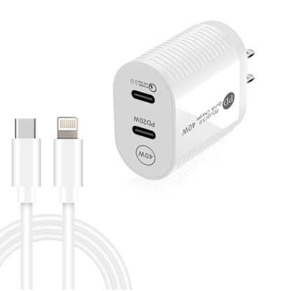 40W Dual Port PD / Type-C Fast Charger with Type-C to 8 Pin Data Cable, US Plug(White) - USB Charger by PMC Jewellery | Online Shopping South Africa | PMC Jewellery | Buy Now Pay Later Mobicred