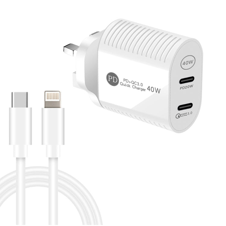 40W Dual Port PD / Type-C Fast Charger with Type-C to 8 Pin Data Cable, UK Plug(White) - free shipping - PMC Jewellery - Order now!