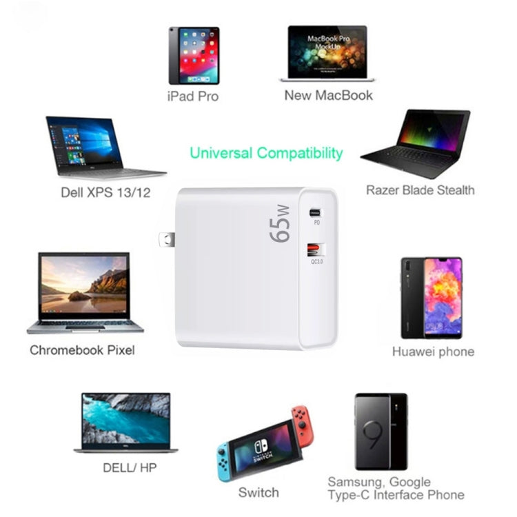 PD-65W USB-C / Type-C + QC3. 0 USB Laptop Charging Adapter, EU Plug / US Plug(White) - Cable & Adapter by PMC Jewellery | Online Shopping South Africa | PMC Jewellery | Buy Now Pay Later Mobicred