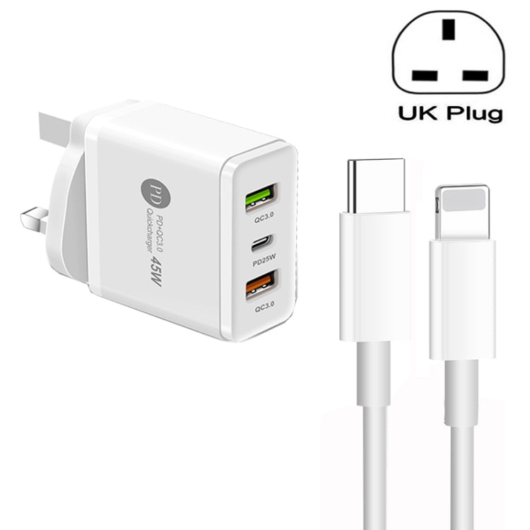 45W PD3.0 + 2 x QC3.0 USB Multi Port Charger with Type-C to 8 Pin Cable, UK Plug(White) - USB Charger by PMC Jewellery | Online Shopping South Africa | PMC Jewellery | Buy Now Pay Later Mobicred