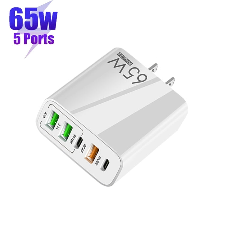 65W Dual PD Type-C + 3 x USB Multi Port Charger with 3A Type-C to 8 Pin Data Cable, US Plug(White) - USB Charger by PMC Jewellery | Online Shopping South Africa | PMC Jewellery | Buy Now Pay Later Mobicred