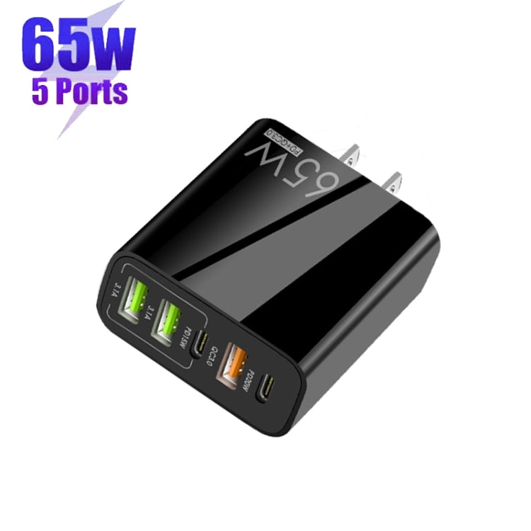 65W Dual PD Type-C + 3 x USB Multi Port Charger with 3A Type-C to 8 Pin Data Cable, US Plug(Black) - free shipping - PMC Jewellery - Order now!