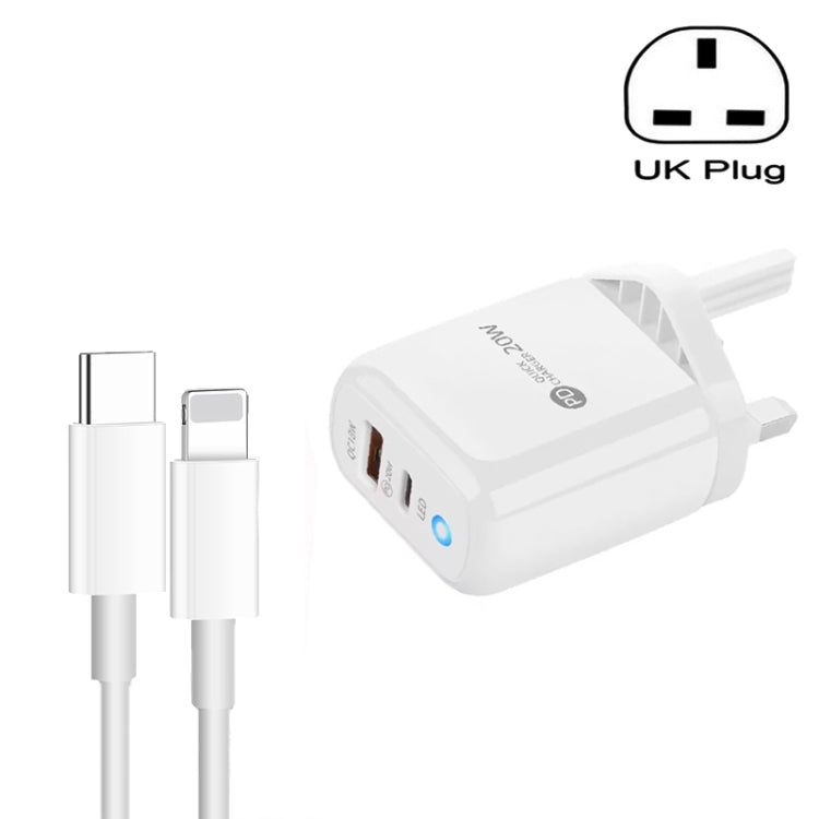 PD04 Type-C + USB Mobile Phone Charger with Type-C to 8 Pin Cable, UK Plug(White) - USB Charger by PMC Jewellery | Online Shopping South Africa | PMC Jewellery | Buy Now Pay Later Mobicred