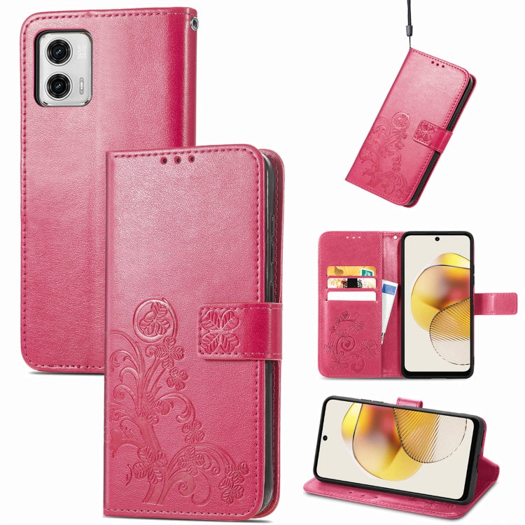 For Motorola Moto G73 Four-leaf Clasp Embossed Buckle Leather Phone Case(Magenta) - Motorola Cases by PMC Jewellery | Online Shopping South Africa | PMC Jewellery | Buy Now Pay Later Mobicred