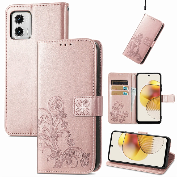 For Motorola Moto G73 Four-leaf Clasp Embossed Buckle Leather Phone Case(Rose Gold) - free shipping - PMC TechLife - Order now!