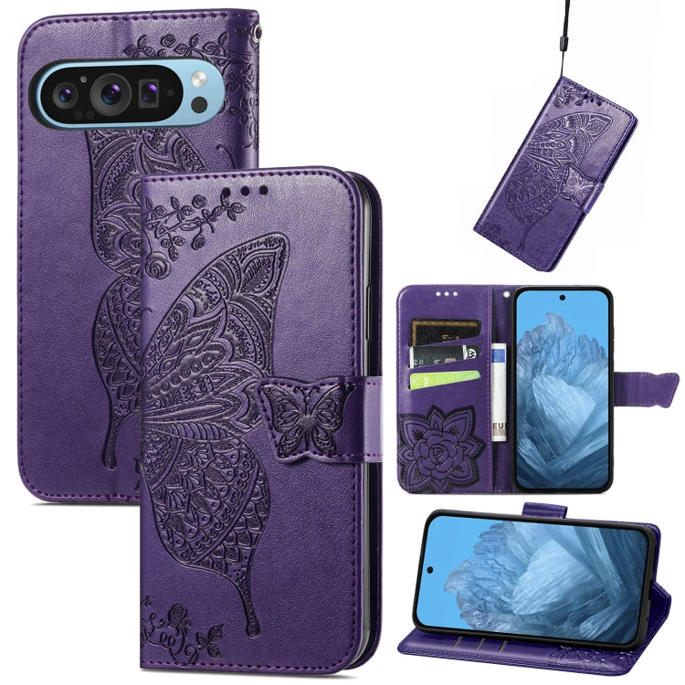 For Google Pixel 9 Butterfly Love Flower Embossed Leather Phone Case(Dark Purple) - Google Cases by PMC Jewellery | Online Shopping South Africa | PMC Jewellery | Buy Now Pay Later Mobicred