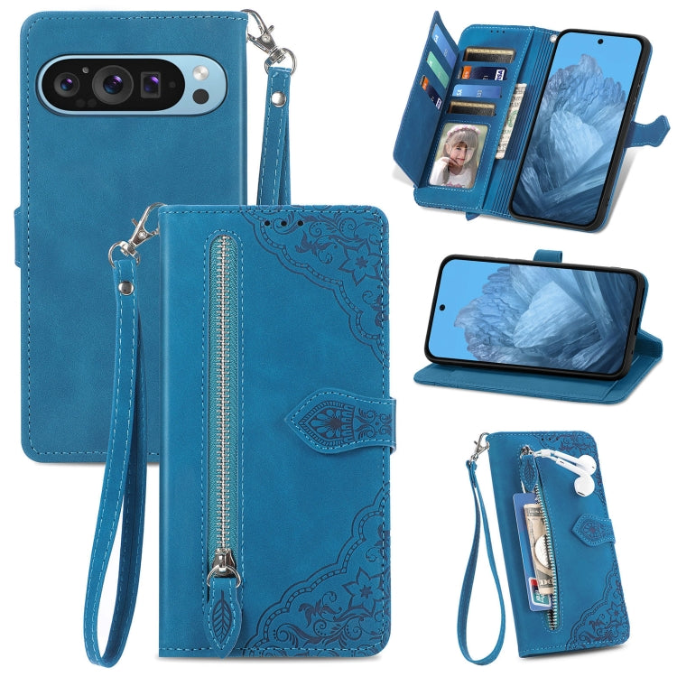 For Google Pixel 9 Pro Embossed Flower Zipper Leather Phone Case(Blue) - Google Cases by PMC TechLife | Online Shopping South Africa | PMC TechLife | Buy Now Pay Later Mobicred