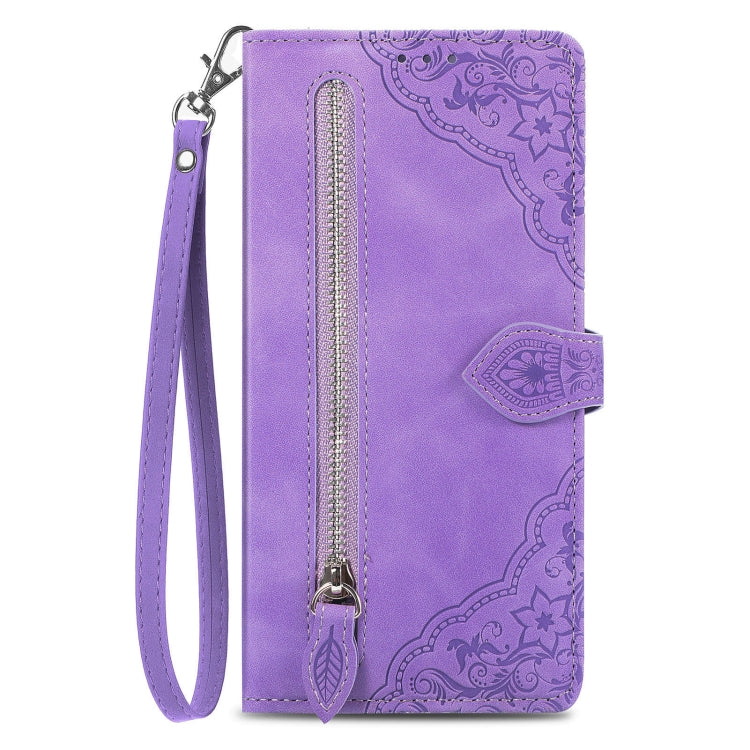 For Google Pixel 9 Pro Embossed Flower Zipper Leather Phone Case(Purple) - Google Cases by PMC TechLife | Online Shopping South Africa | PMC TechLife | Buy Now Pay Later Mobicred