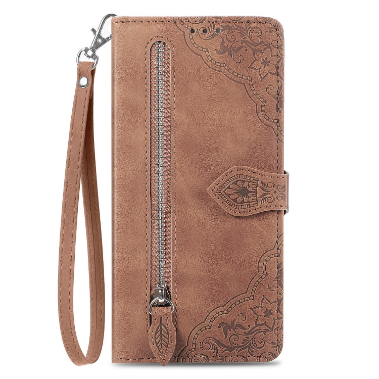 For Google Pixel 9 Embossed Flower Zipper Leather Phone Case(Brown) - Google Cases by PMC TechLife | Online Shopping South Africa | PMC TechLife | Buy Now Pay Later Mobicred