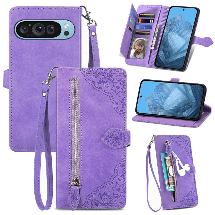 For Google Pixel 9 Embossed Flower Zipper Leather Phone Case(Purple) - Google Cases by PMC TechLife | Online Shopping South Africa | PMC TechLife | Buy Now Pay Later Mobicred