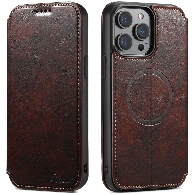 For iPhone 14 Plus Suteni J05 Leather Magnetic Magsafe Phone Case(Brown) - iPhone 14 Plus Cases by Suteni | Online Shopping South Africa | PMC Jewellery | Buy Now Pay Later Mobicred