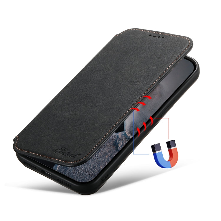 For iPhone 14 Suteni J06 Retro Matte Litchi Texture Leather Magnetic Magsafe Phone Case(Black) - iPhone 14 Cases by Suteni | Online Shopping South Africa | PMC Jewellery