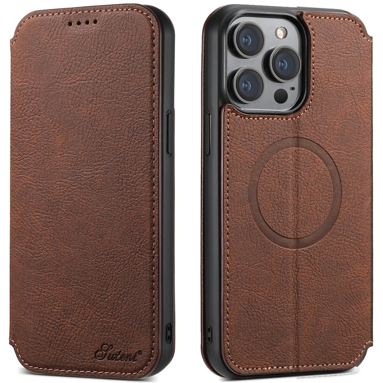 For iPhone 14 Pro Max Suteni J06 Retro Matte Litchi Texture Leather Magnetic Magsafe Phone Case(Brown) - iPhone 14 Pro Max Cases by Suteni | Online Shopping South Africa | PMC Jewellery | Buy Now Pay Later Mobicred