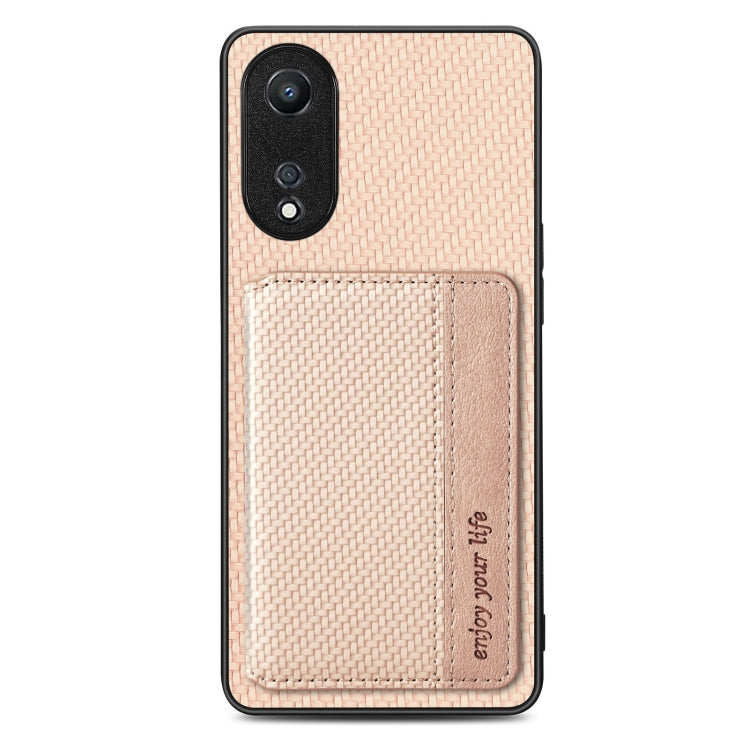 For OPPO A78 Carbon Fiber Magnetic Card Bag Phone Case(Khaki) - OPPO Cases by PMC Jewellery | Online Shopping South Africa | PMC Jewellery