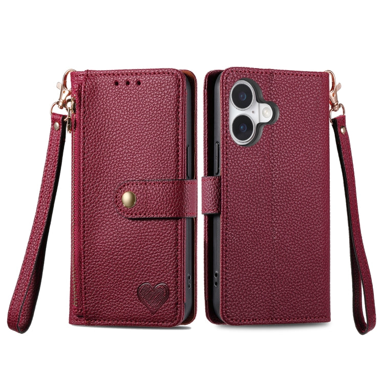 For iPhone 16 Love Zipper Lanyard Leather Phone Case(Red) - iPhone 16 Cases by PMC Jewellery | Online Shopping South Africa | PMC Jewellery | Buy Now Pay Later Mobicred