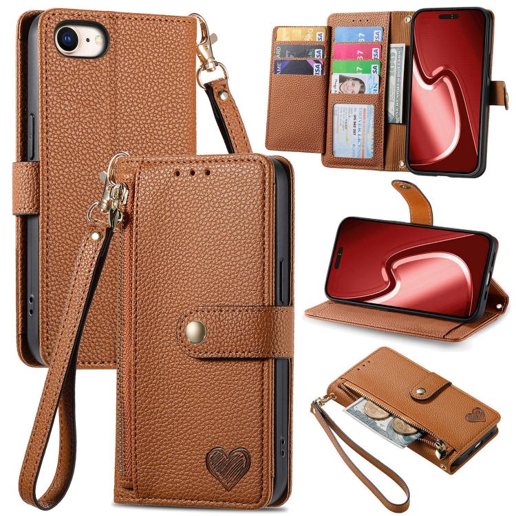 For iPhone 16e Love Zipper Lanyard Leather Phone Case(Brown) - iPhone 16e Cases by PMC TechLife | Online Shopping South Africa | PMC TechLife | Buy Now Pay Later Mobicred