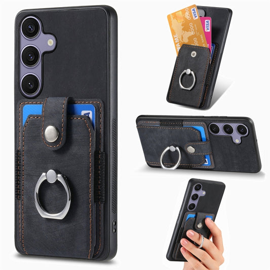 For Samsung Galaxy S25 5G Retro Skin-feel Ring Card Wallet Phone Case(Black) - Galaxy S25 5G Cases by PMC Jewellery | Online Shopping South Africa | PMC Jewellery | Buy Now Pay Later Mobicred