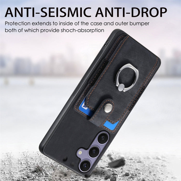 For Samsung Galaxy S25 5G Retro Skin-feel Ring Card Wallet Phone Case(Black) - Galaxy S25 5G Cases by PMC TechLife | Online Shopping South Africa | PMC TechLife | Buy Now Pay Later Mobicred