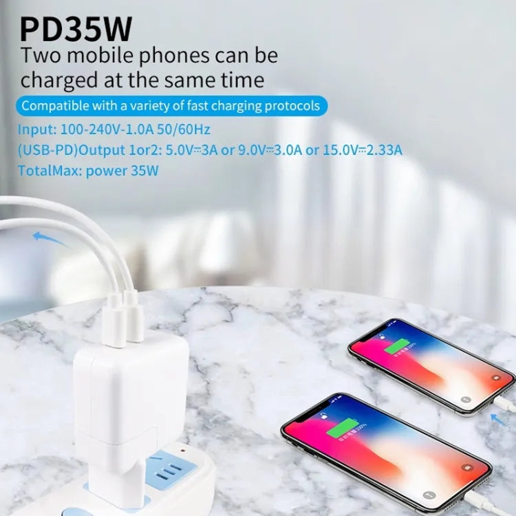 35W PD3.0 USB-C / Type-C Dual Port Charger with 2m Type-C to Type-C Data Cable, US Plug - free shipping - PMC Jewellery - Order now!