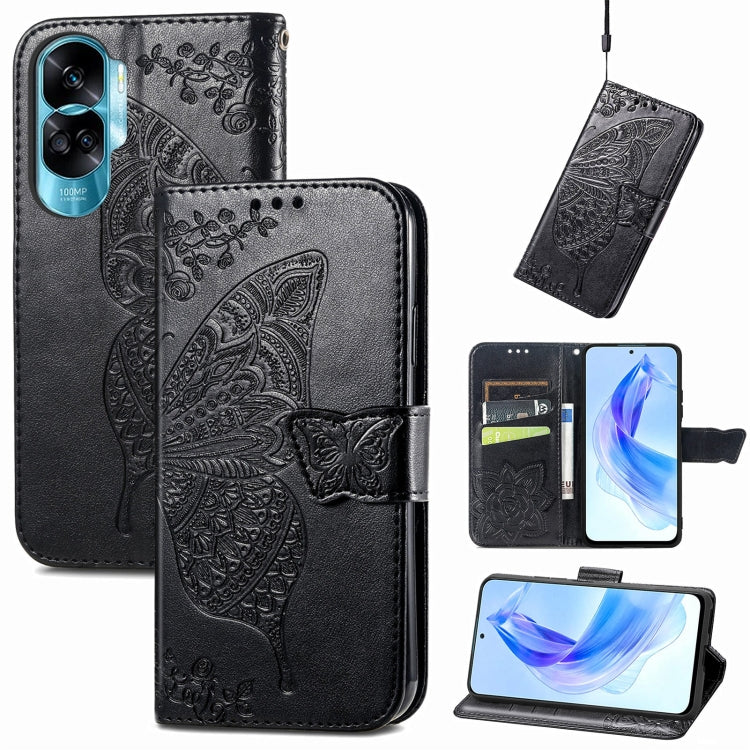 For Honor 90 Lite Butterfly Love Flower Embossed Leather Phone Case(Black) - Huawei Cases by PMC TechLife | Online Shopping South Africa | PMC TechLife
