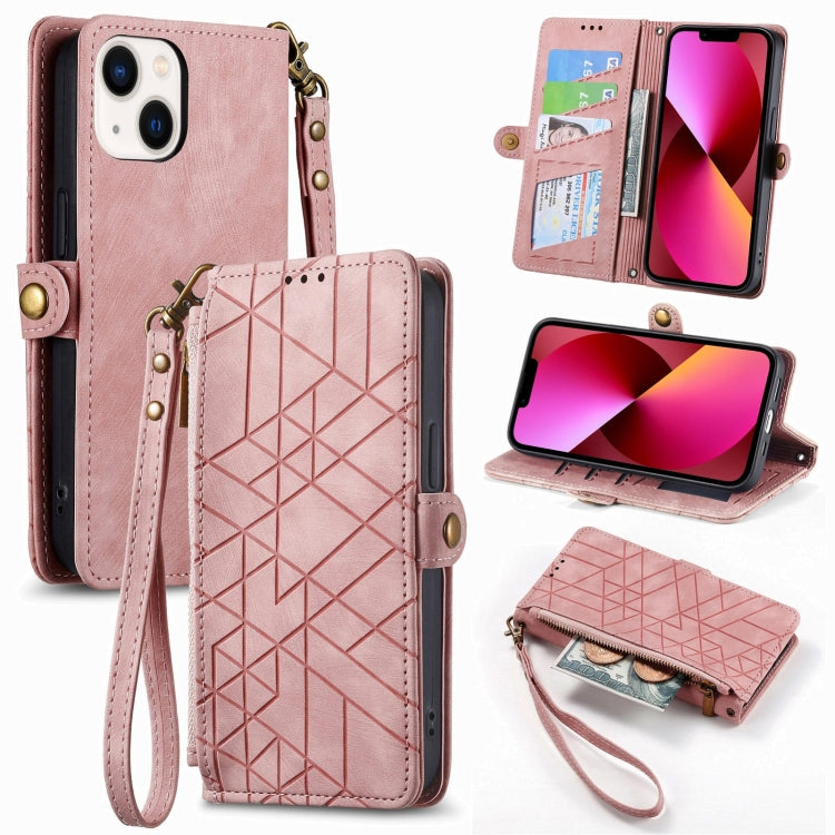 For iPhone 13 Geometric Zipper Wallet Side Buckle Leather Phone Case(Pink) - free shipping - PMC TechLife - Order now!