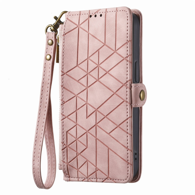 For iPhone 13 Pro Geometric Zipper Wallet Side Buckle Leather Phone Case(Pink) - free shipping - PMC TechLife - Order now!