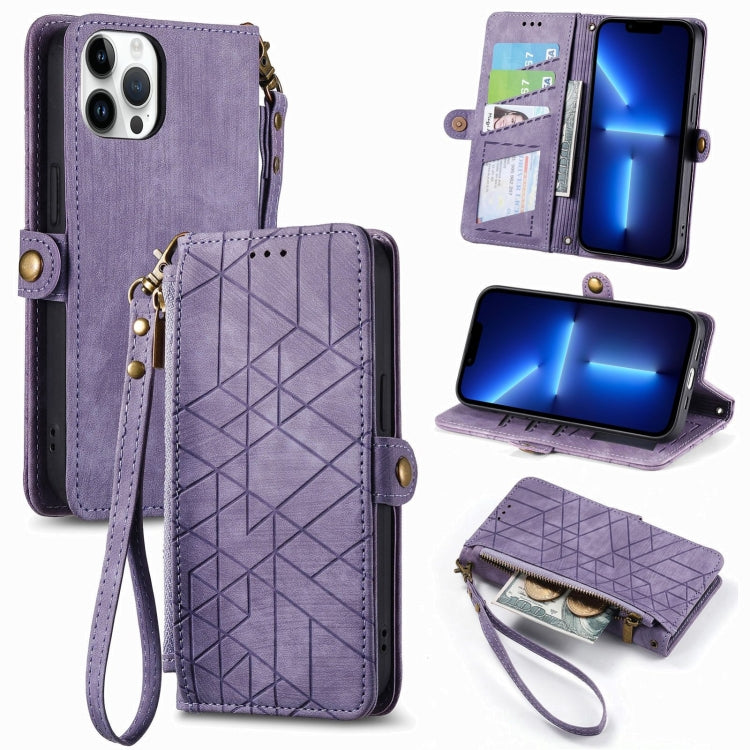 For iPhone 13 Pro Geometric Zipper Wallet Side Buckle Leather Phone Case(Purple) - free shipping - PMC TechLife - Order now!