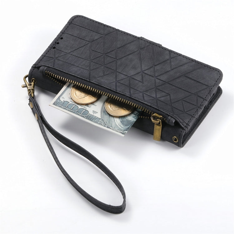 For iPhone 12 Pro Max Geometric Zipper Wallet Side Buckle Leather Phone Case(Black) - free shipping - PMC TechLife - Order now!