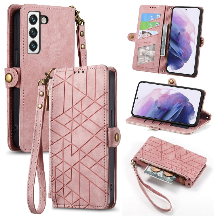 For Samsung Galaxy S21 FE 5G Geometric Zipper Wallet Side Buckle Leather Phone Case(Pink) - free shipping - PMC TechLife - Order now!