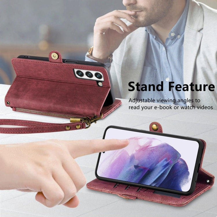 For Samsung Galaxy S21 FE 5G Geometric Zipper Wallet Side Buckle Leather Phone Case(Red) - free shipping - PMC TechLife - Order now!