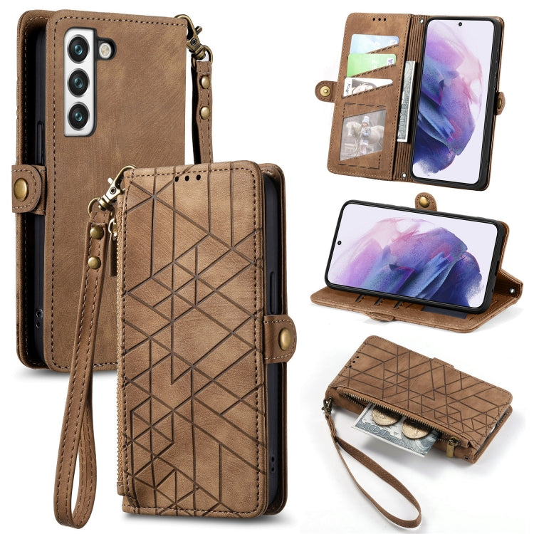 For Samsung Galaxy S21 FE 5G Geometric Zipper Wallet Side Buckle Leather Phone Case(Brown) - free shipping - PMC TechLife - Order now!